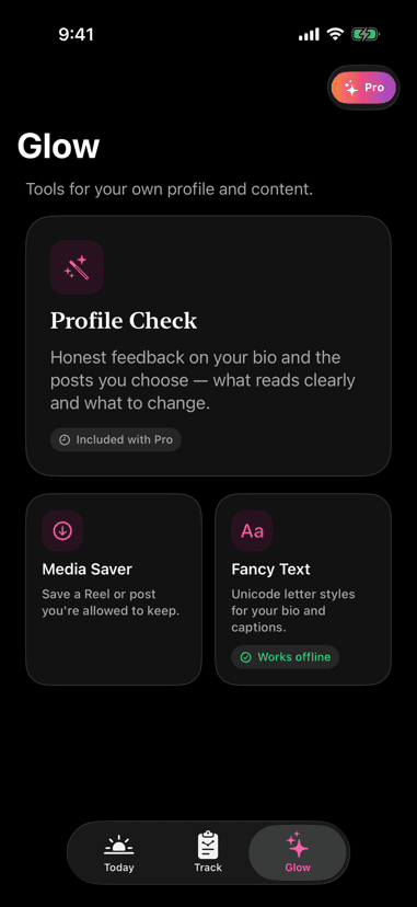 The Glow tab in UNF showing Profile Check, Media Saver and Fancy Text