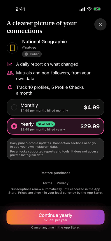 The UNF Pro plans as shown inside the app, with monthly and yearly prices