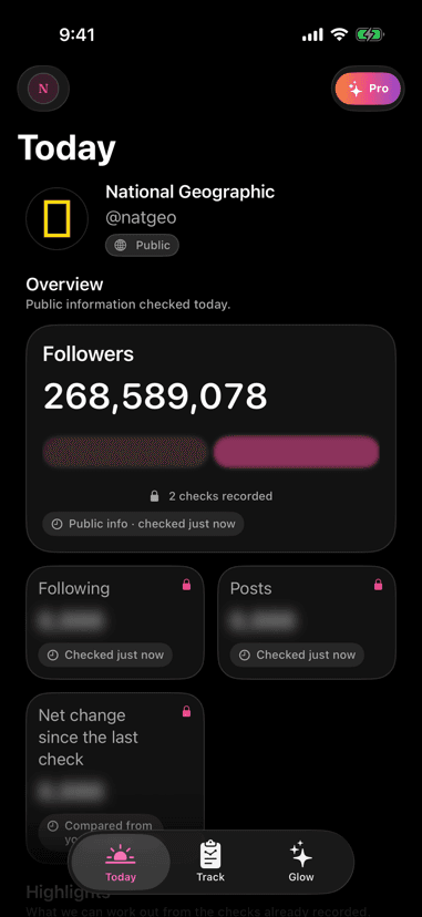 The Today tab in UNF showing a follower count and the moment it was checked