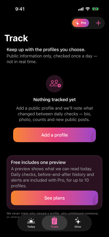 The Track tab in UNF explaining daily checks on public profiles